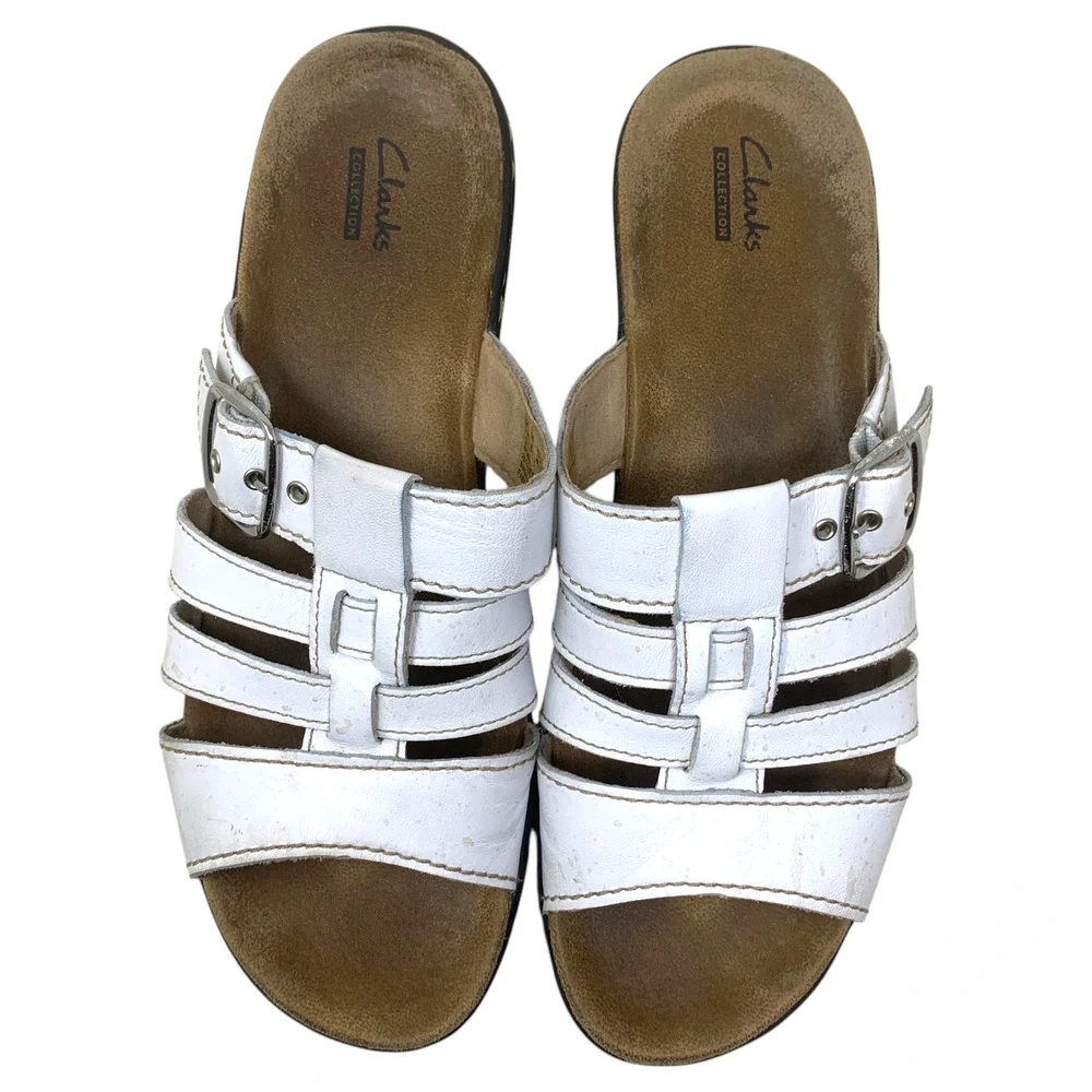 Clarks Collection Sz 10 White Leather Comfort Slide Sandals Buckle Platform Mule